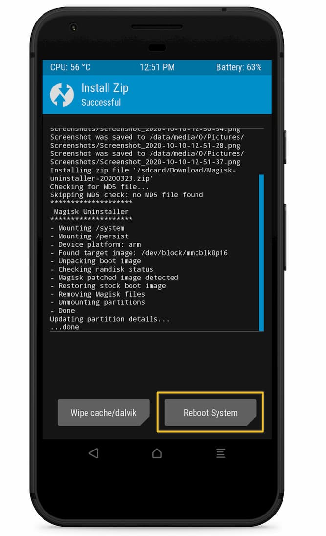 TWRP Recovery Magisk Uninstall Successful