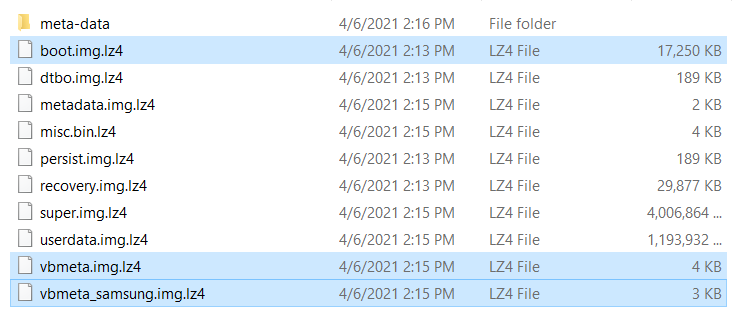 Copy Boot, Vbmeta, Vbmeta Samsung to LZ4 folder